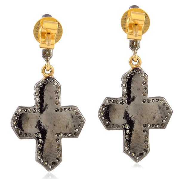 18kt Gold Silver Pave Diamond Cross Sign Dangle Earrings Enamel Jewelry