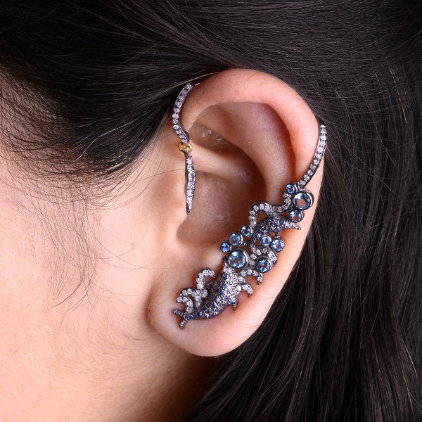 Gemstone Pave Diamond 18kt Gold 925 Sterling Silver Fish Charm Ear Cuff Jewelry