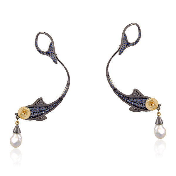 Natural Blue Sapphire Ruby Drop Pearl Bead Fish Charm Ear Clamp Ear Jewelry In 18k Gold Sterling Silver