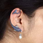 Natural Blue Sapphire Ruby Drop Pearl Bead Fish Charm Ear Clamp Ear Jewelry In 18k Gold Sterling Silver