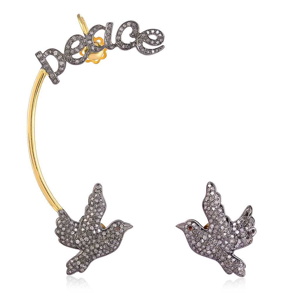 Diamond Peace & Bird Style Ear Cuffs 18k Gold 925 Silver Jewelry
