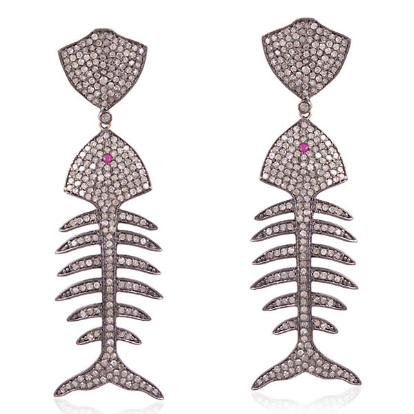 Pave Diamond Fish Design Dangle Earring 14k Gold 925 Silver Handmade Jewelry