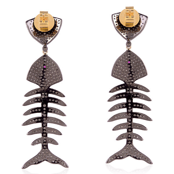 Pave Diamond Fish Design Dangle Earring 14k Gold 925 Silver Handmade Jewelry
