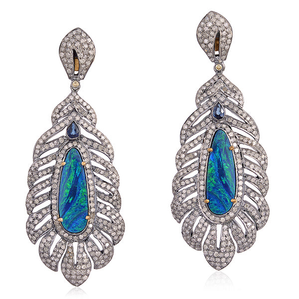 Sapphire Opal Pave Diamond Dangle Earrings Gold Sterling Silver Jewelry