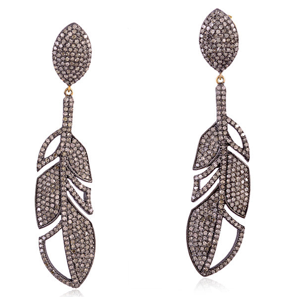 Pave Diamond Gold Feather Style Dangle Earrings 925 Sterling Silver Jewelry