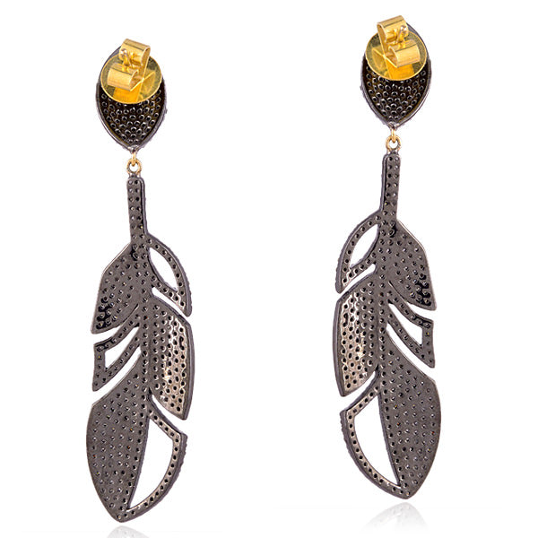 Pave Diamond Gold Feather Style Dangle Earrings 925 Sterling Silver Jewelry