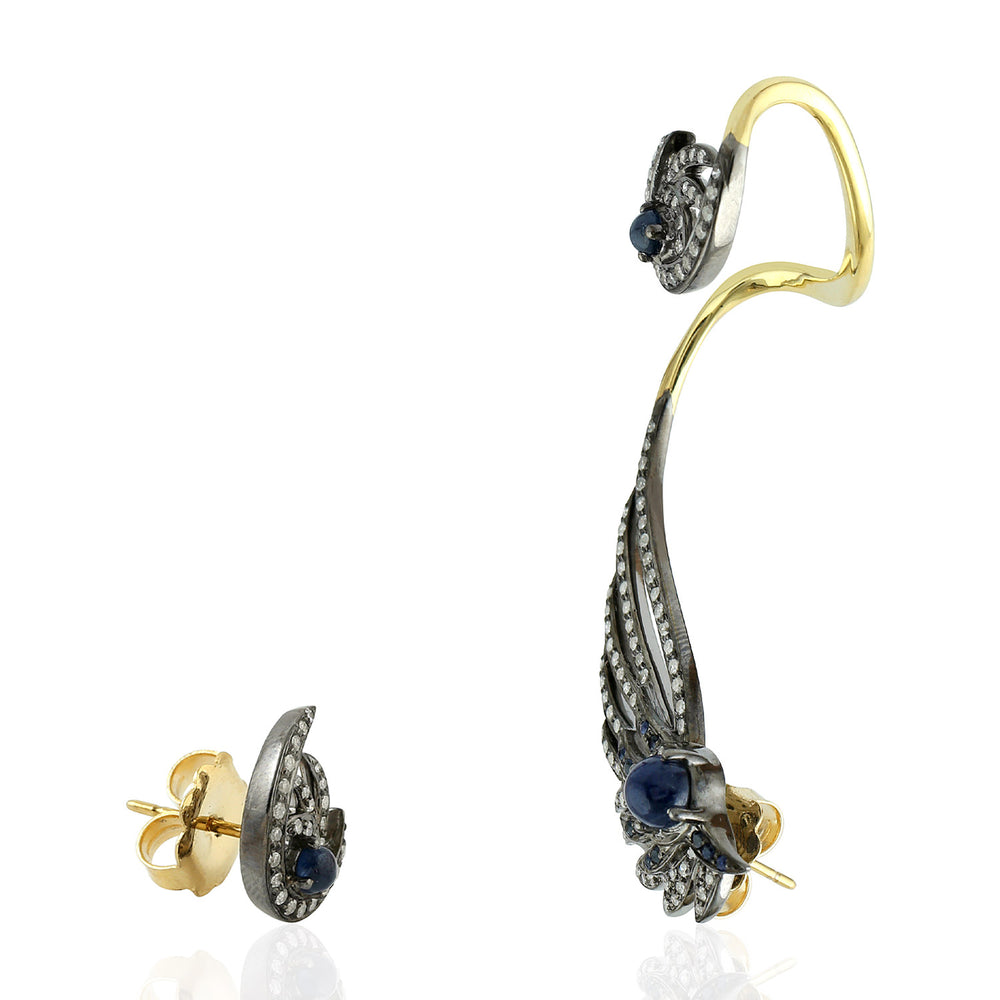 Natural Blue Sapphire Pave Diamond Ear Clamp Earrings In 18k Gold 925 Silver