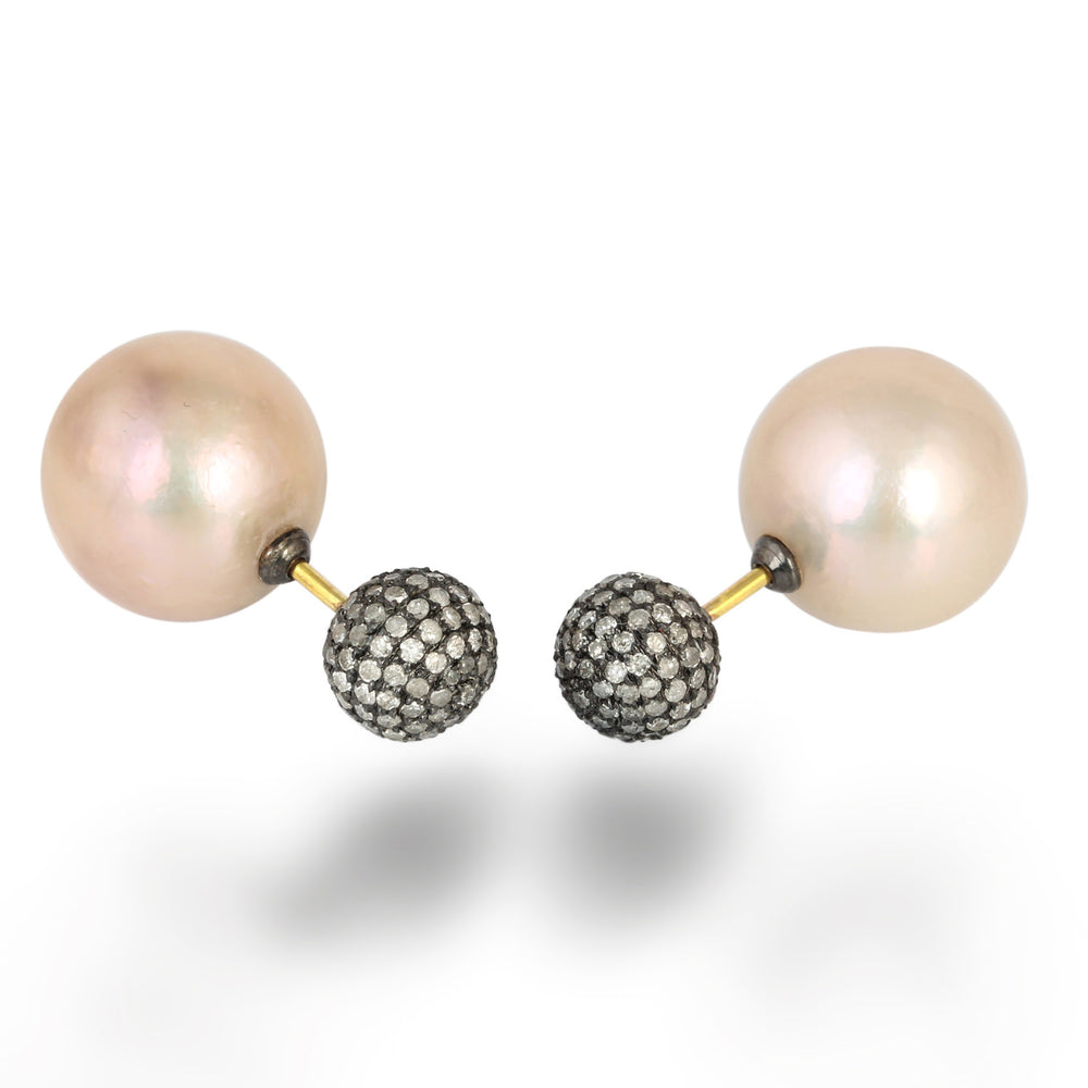 Natural Pearl Pave Diamond Tunnel Earrings Gold Sterling Silver Jewelry