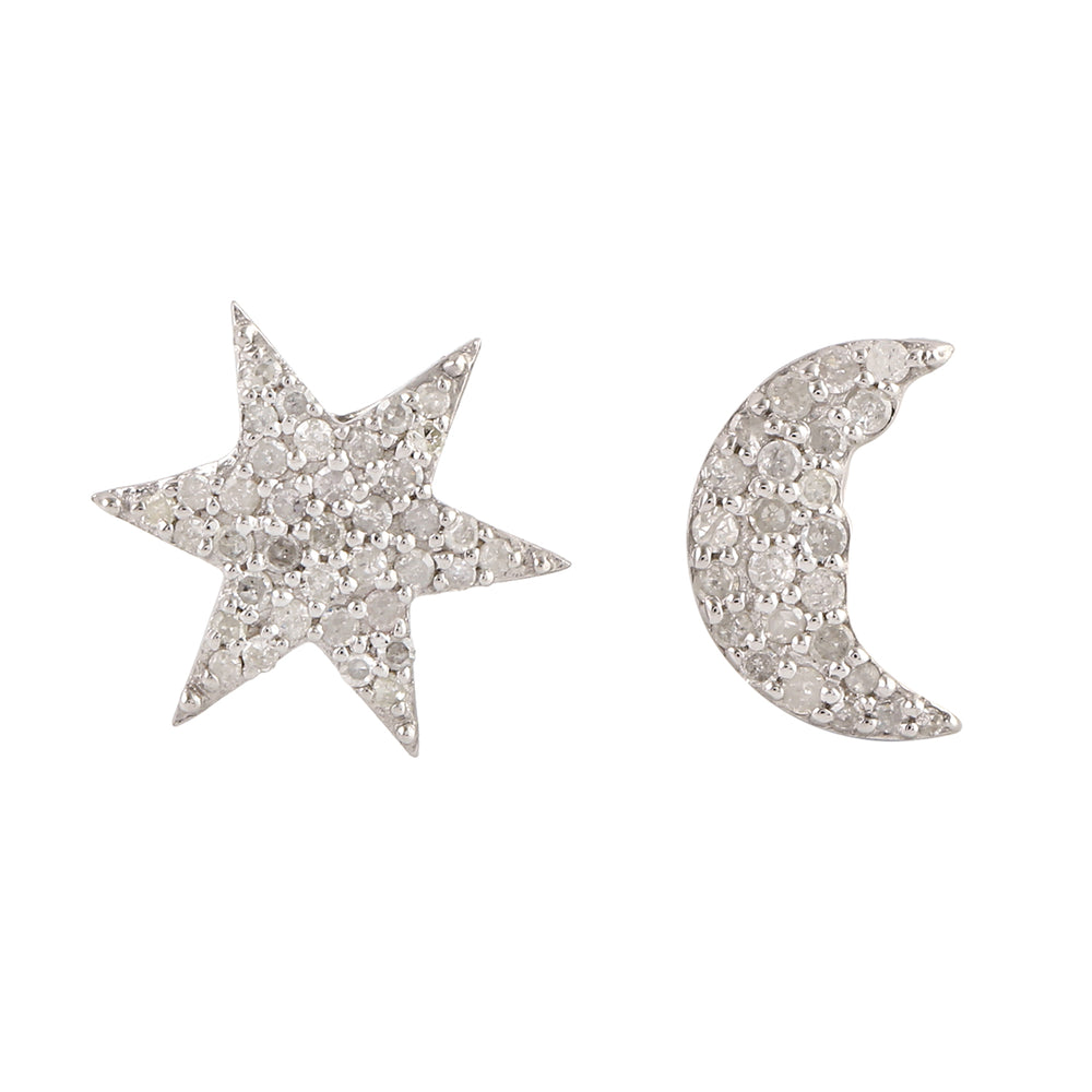 925 Sterling Silver Pave Diamond Moon & Star Stud Earrings