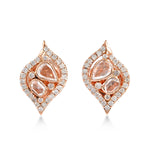 Handmade Rose Cut Diamond Leaf Stud Earrings 18k Rose Gold Womens Jewelry