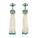 Natural Pearl Emerald Diamond Tassel Earrings In 18k Gold Silver