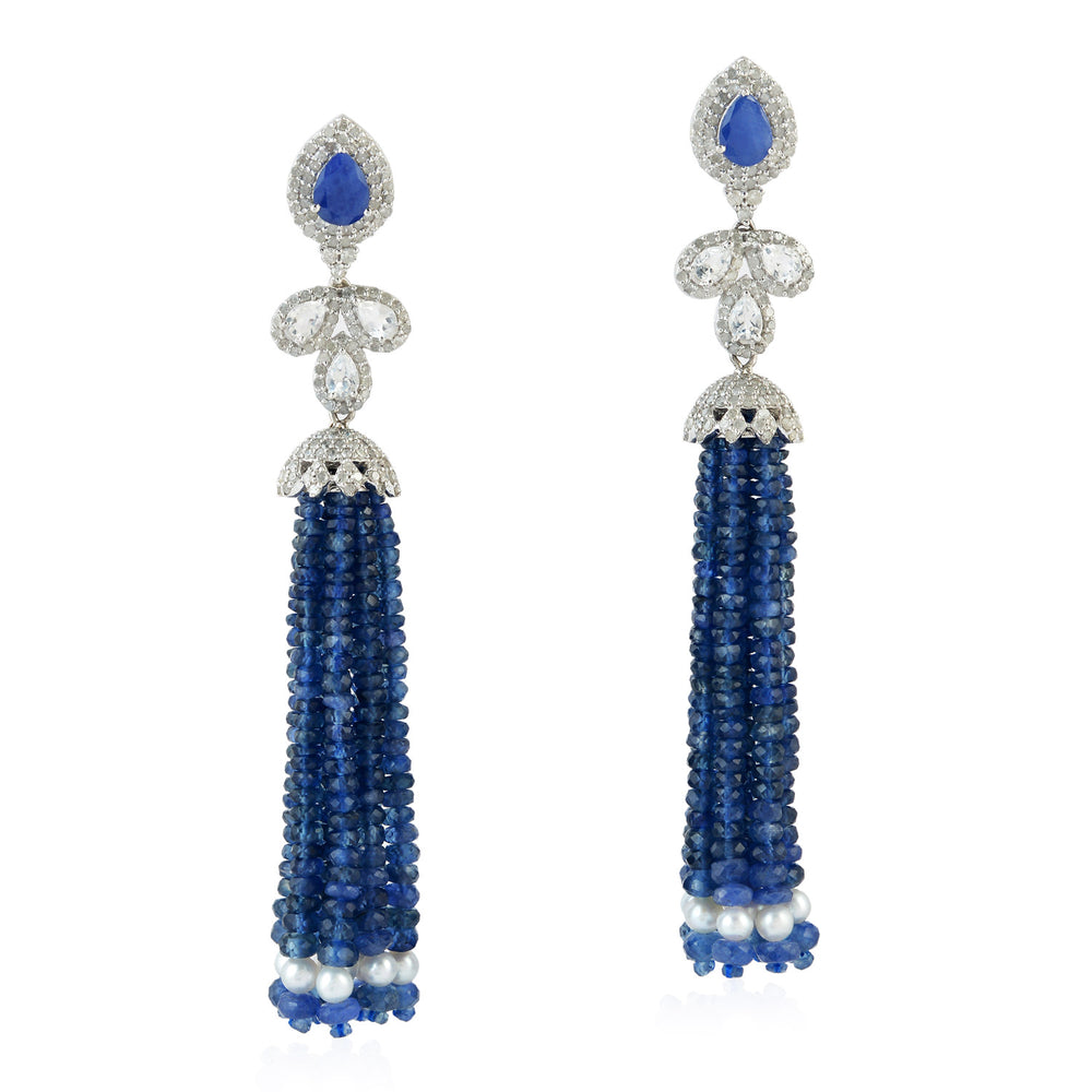 Sapphire Faceted Beads Pearl Tassel Earrings In 18k White Gold Silver Diamond Jewelry
