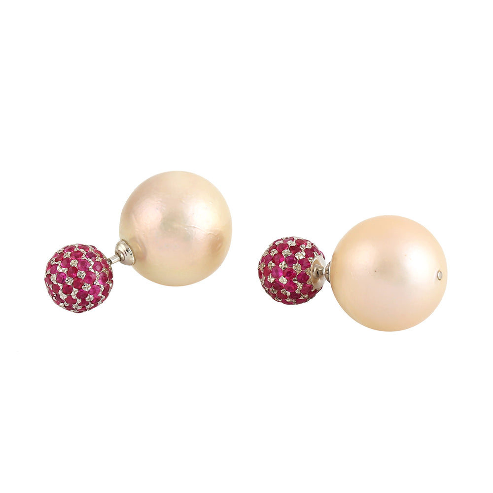 Pearl Chinese Natural Ruby Tunnel Earrings in 18k Gold Silver