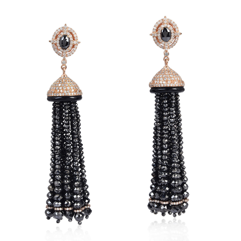 Diamond Beads Tassel Earrings Black Onyx 18Kt Solid Gold Jewelry Gift