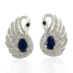 925 Sterling Silver Pave Diamond Blue Sapphire Swan Stud Earrings Fine Jewelry