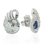 925 Sterling Silver Pave Diamond Blue Sapphire Swan Stud Earrings Fine Jewelry