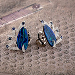 Natural Opal Doublet Blue Sapphire Diamond Stud Wearrings in 18k Gold White