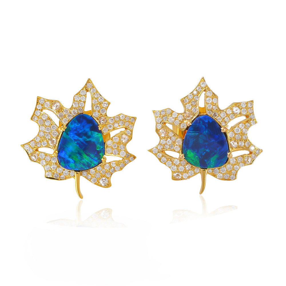 18kt Yellow Gold Opal Gemstone Maple Leaf Stud Earrings October Birthstone Jewelry
