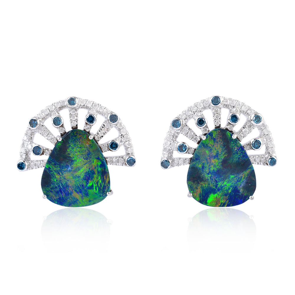 18kt White Gold Opal Gemstone Designer Stud Earrings October Birthstone Jewelry