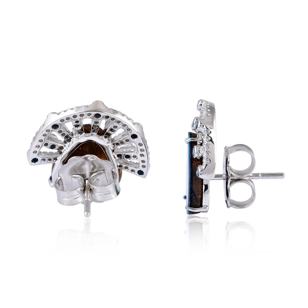 18kt White Gold Opal Gemstone Designer Stud Earrings October Birthstone Jewelry