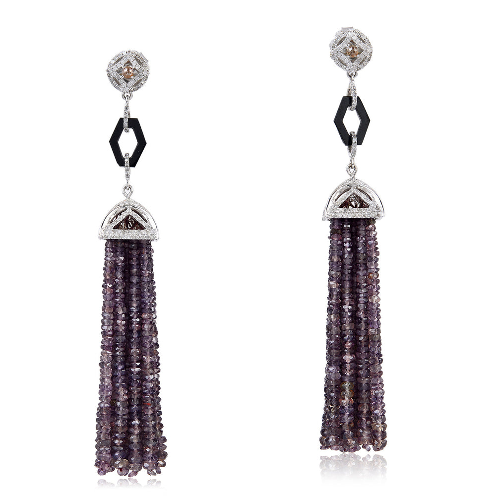 Gemstone Pave Diamond Beads Tassel Earrings 18Kt Gold Sterling Silver Jewelry