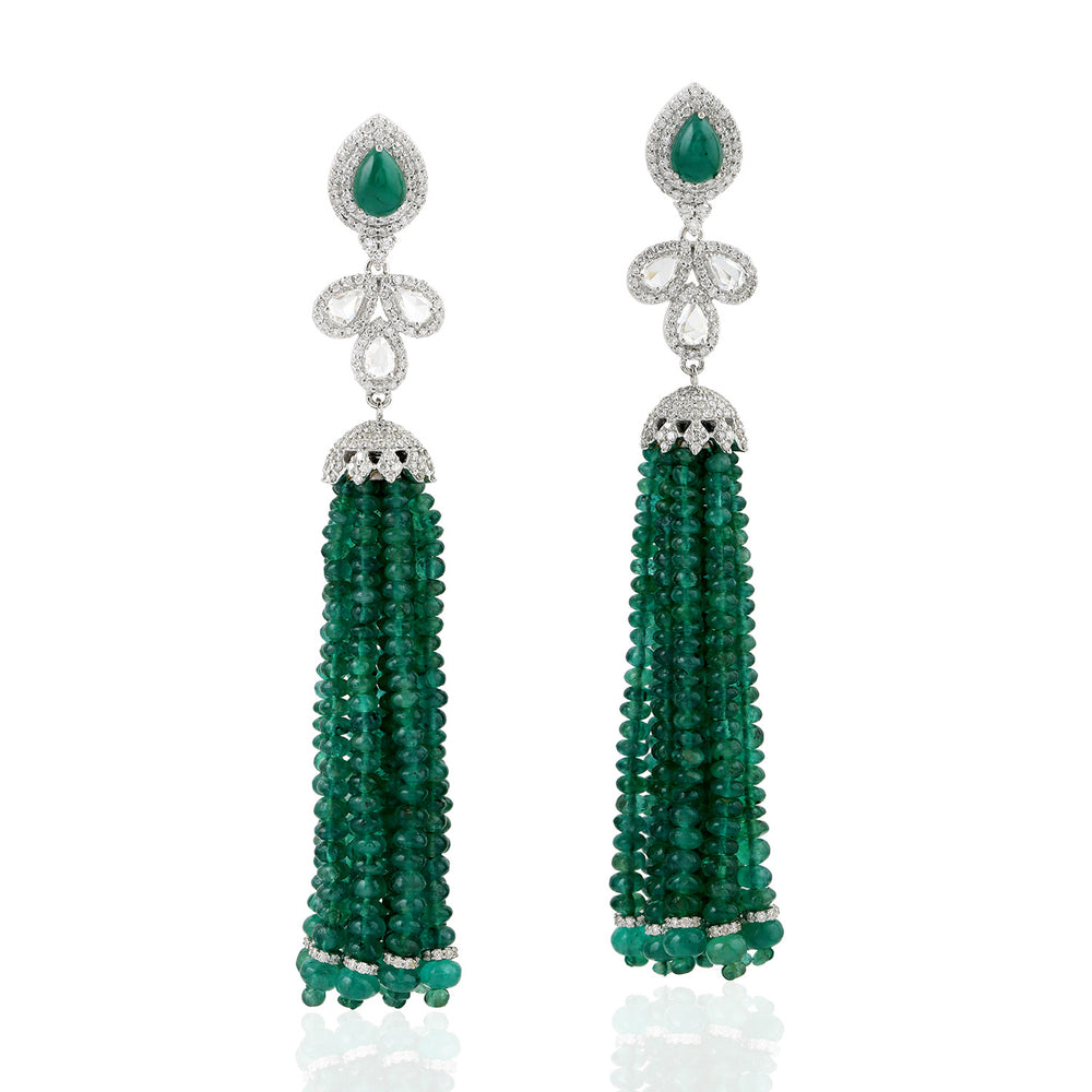 18KT White Gold Natural Diamond & Emerald Beads Tassel Earrings Gift