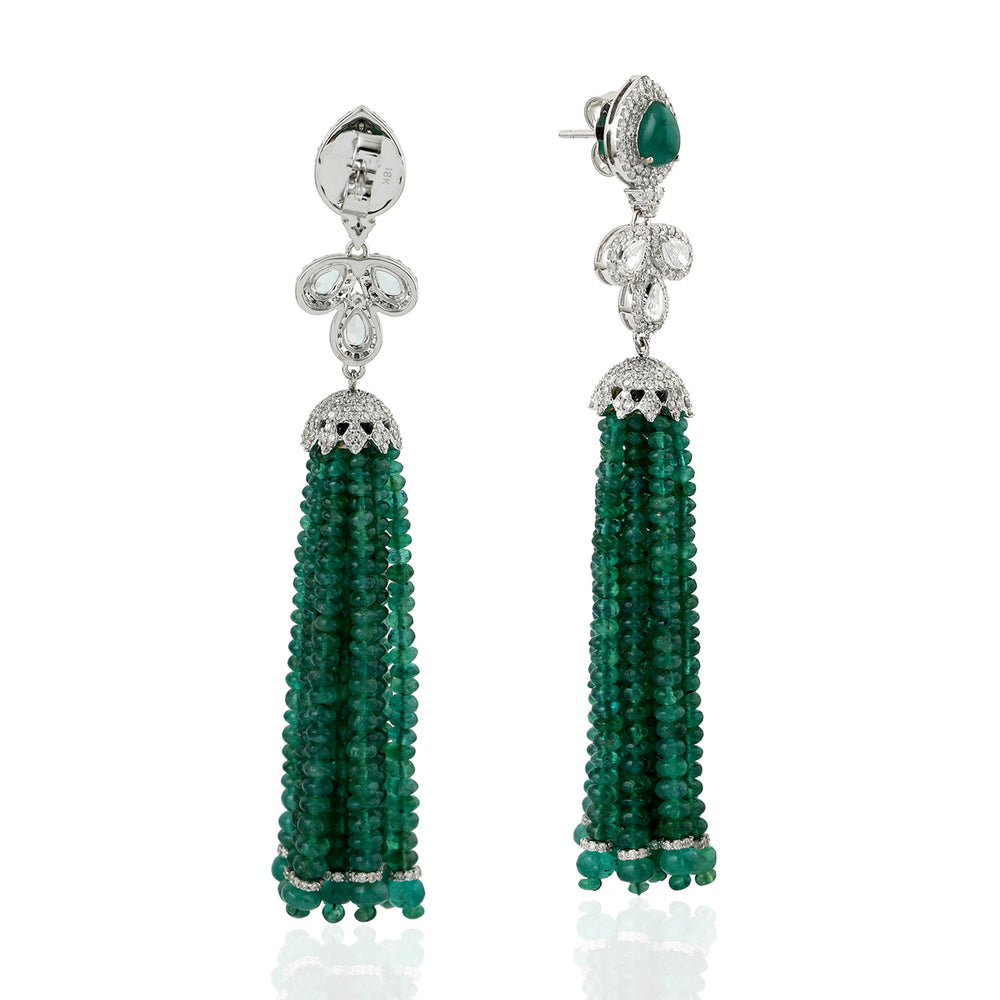 18KT White Gold Natural Diamond & Emerald Beads Tassel Earrings Gift
