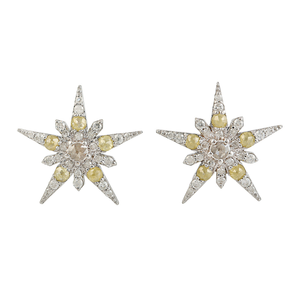 Natural Ice Diamond Star Burst Design Stud Earrings Pave Jewelry In 18k White Gold