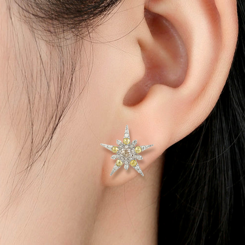 Natural Ice Diamond Star Burst Design Stud Earrings Pave Jewelry In 18k White Gold