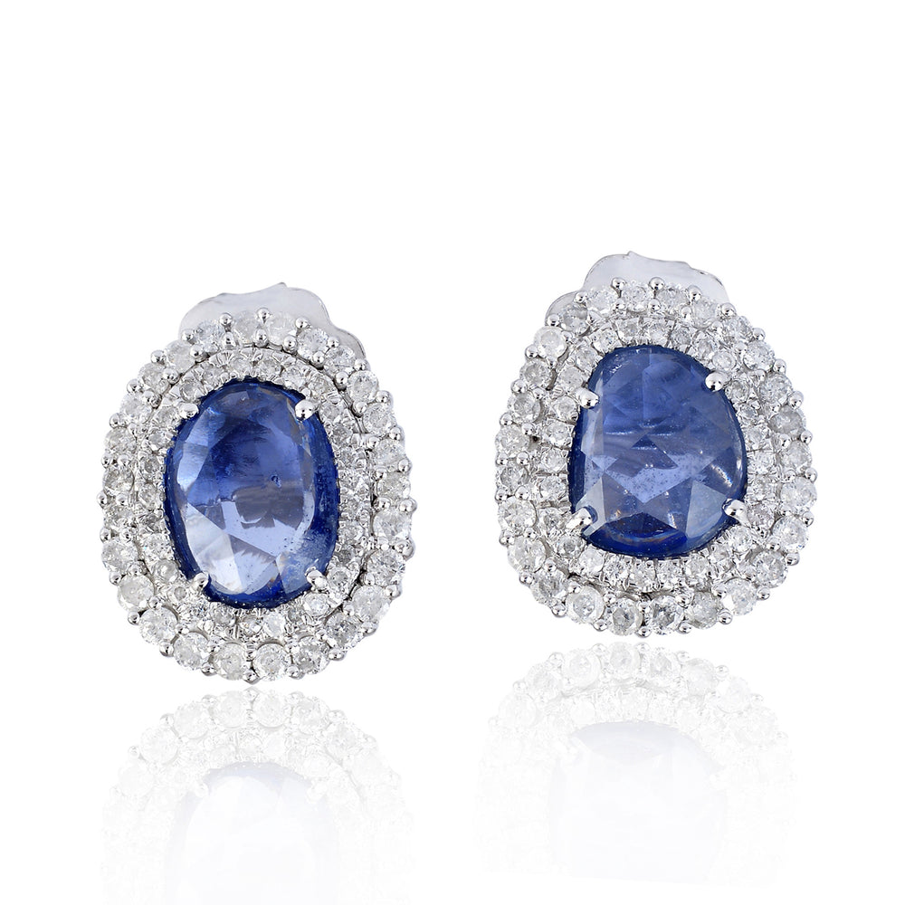 Blue Sapphire Pave Diamond Stud Earrings 18kt White Gold Jewelry