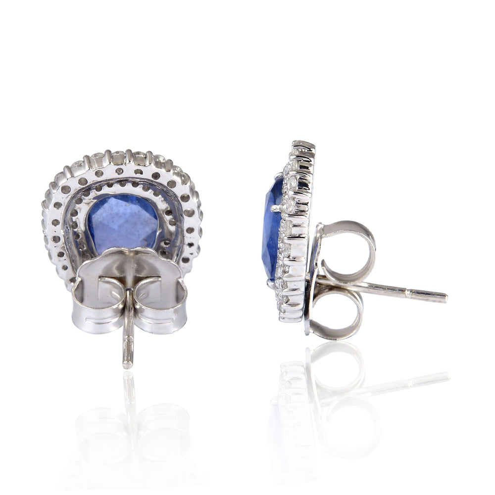 Blue Sapphire Pave Diamond Stud Earrings 18kt White Gold Jewelry