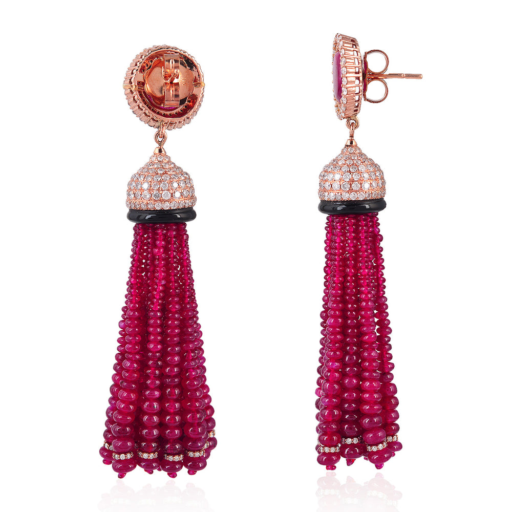 Beautiful Ruby Faceted Beads Tassel Earrings In 18k Rose Gold Diamond Jewelry