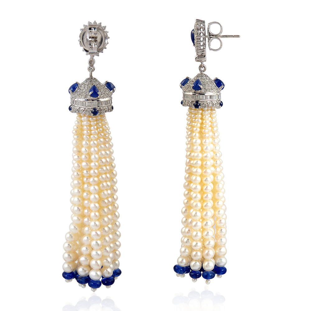 Natural Pearl Sapphire Beads Tassel Earrings in 18k White Gold