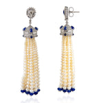 Natural Pearl Sapphire Beads Tassel Earrings in 18k White Gold