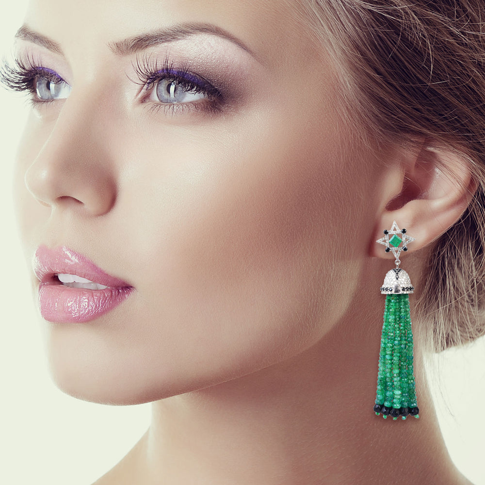 18k White Gold Emerald Sapphire Diamond Tassel Earrings For Women
