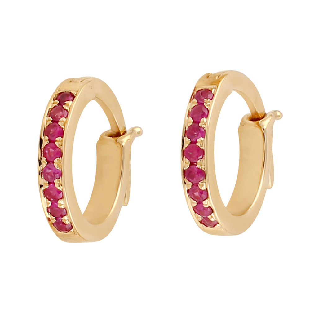 Natural Ruby Huggie Earrings in 18k Yellow Gold For Her