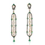 Natural Gemstone Emerald Diamond Designer Sleek Danglers In 18k Gold Silver