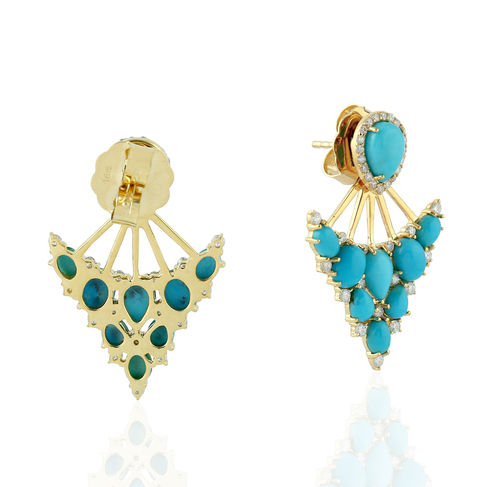 Natural Turquoise Pave Diamond Ear Jacket Earrings In 18k Yellow Gold