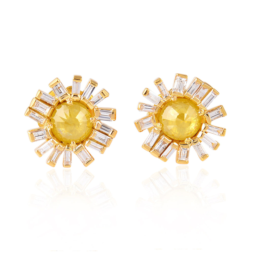 Baguette Diamond Sun Burst Design Stud Earrings In 18k Yellow Gold