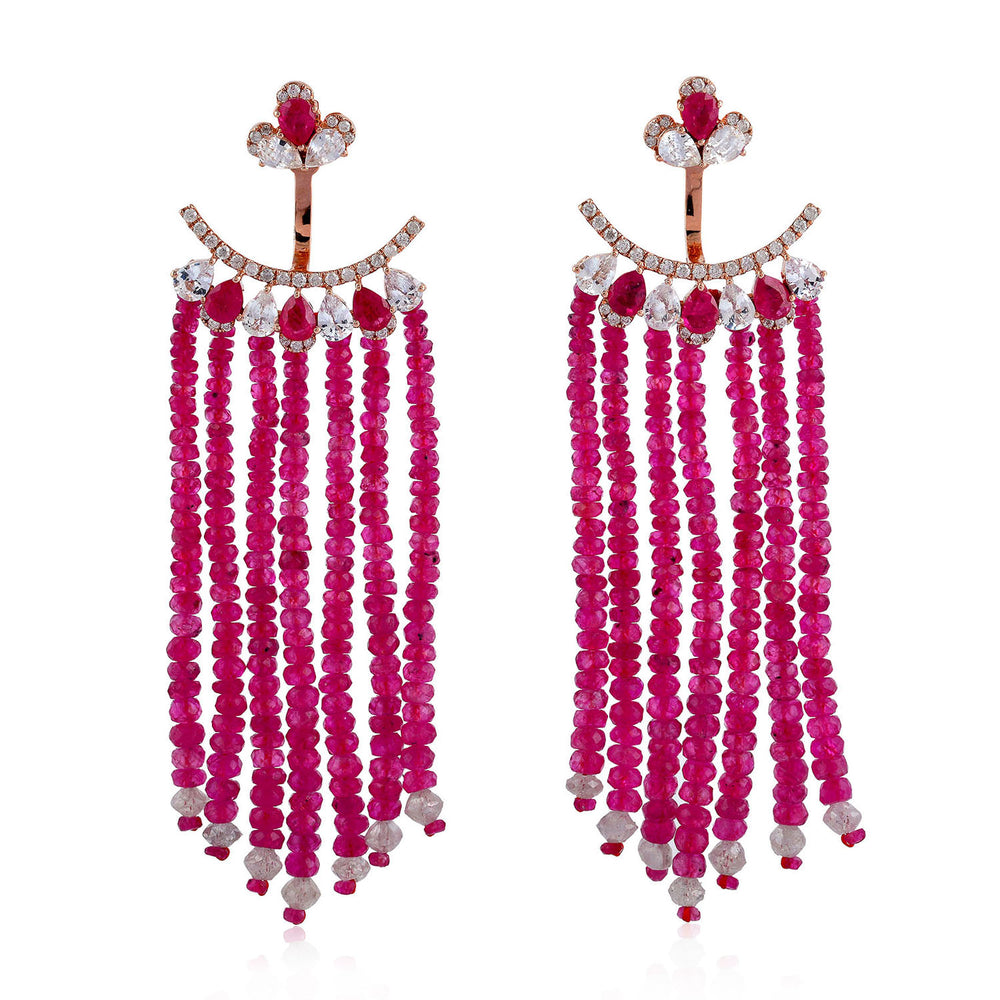 Ruby Faceted Beads Diamond Chandelier Earrings In 18k Rose Gold