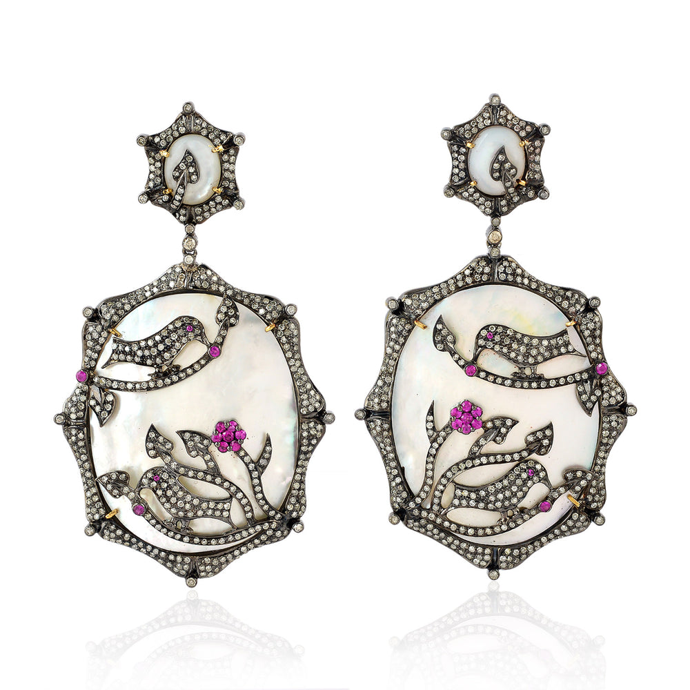 MOP Pave Diamond Ruby Designer Danglers In 18k Gold Silver For Gift