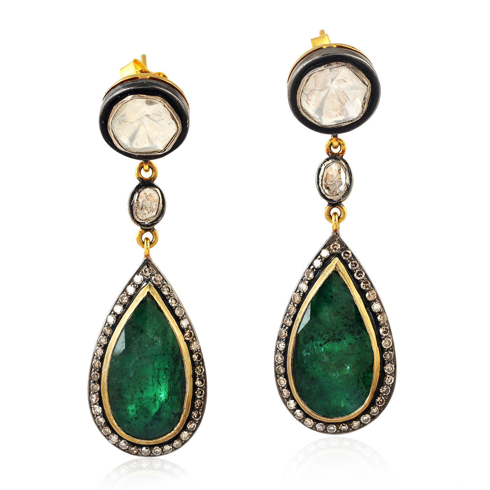 Pear Cut Emerald Uncut Diamond Drop Danglers In 14k Gold Silver