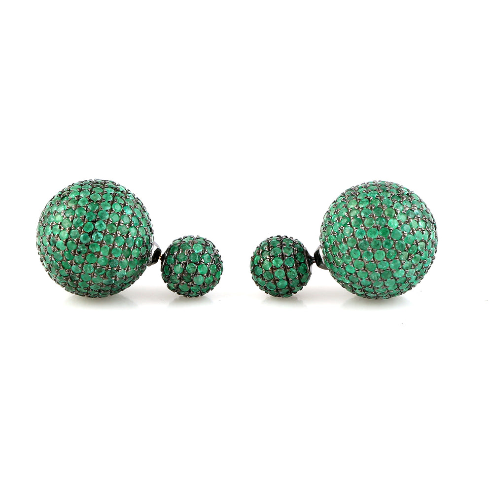 Green Emerald Pave Bead Ball Tunnel Earrings In 18k Gold Silver