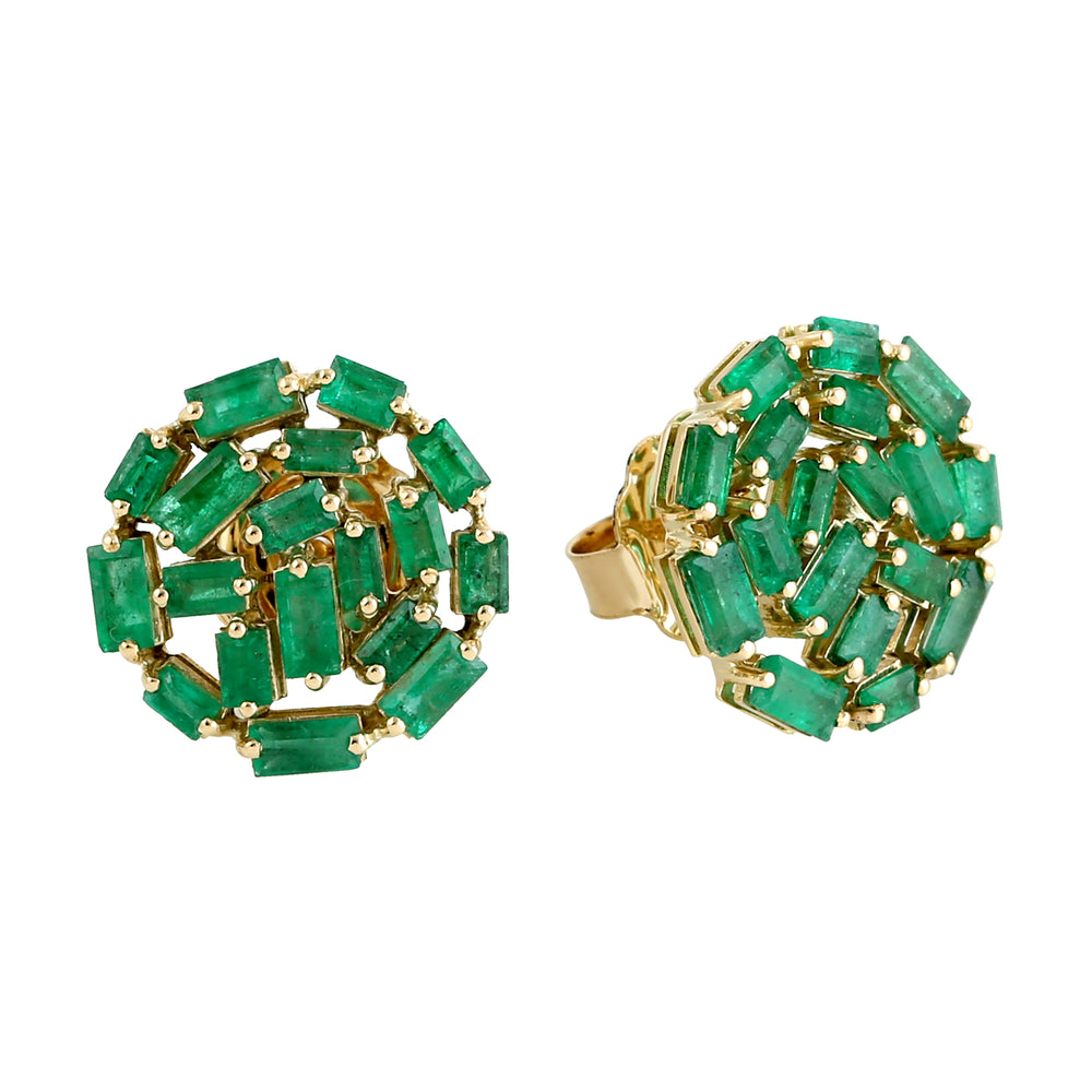 Baguette Emerald Cluster Stud Earrings In 18k Yellow Gold Gift