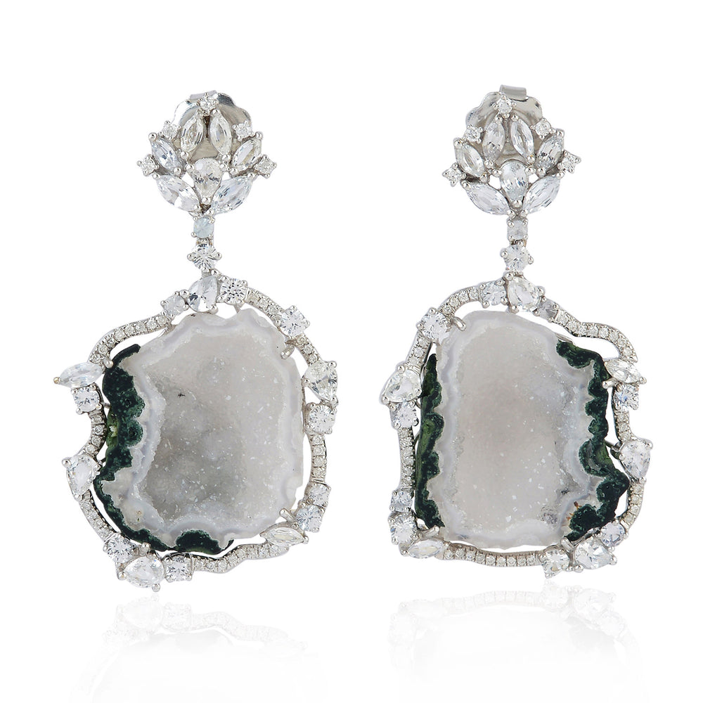 Unshaped Geode Diamond Sapphire Elegant Earrings In white Gold