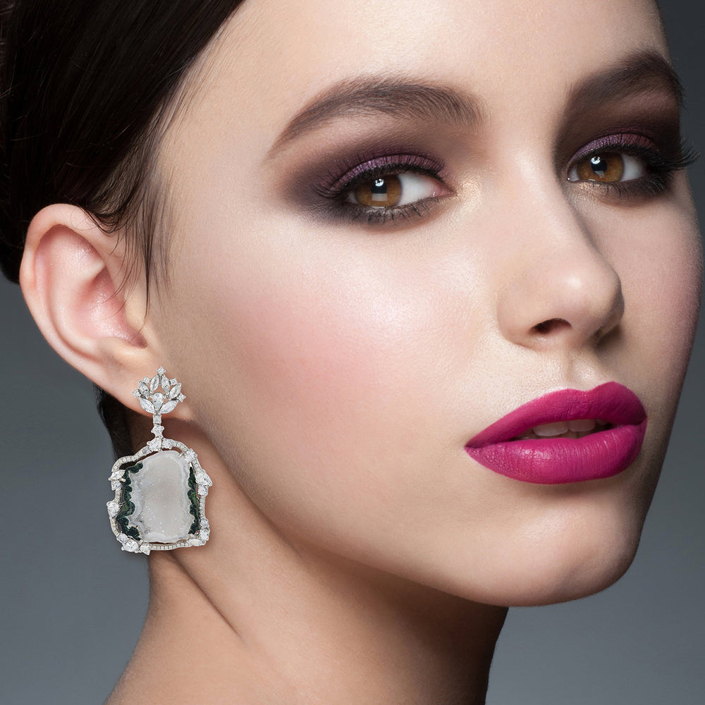 Unshaped Geode Diamond Sapphire Elegant Earrings In white Gold