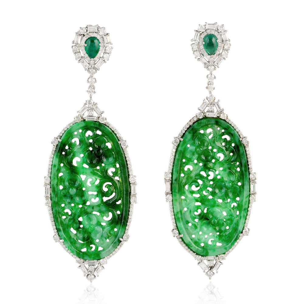 Carved Green Jade Emerald Diamond Beautiful Danglers in 18k Gold