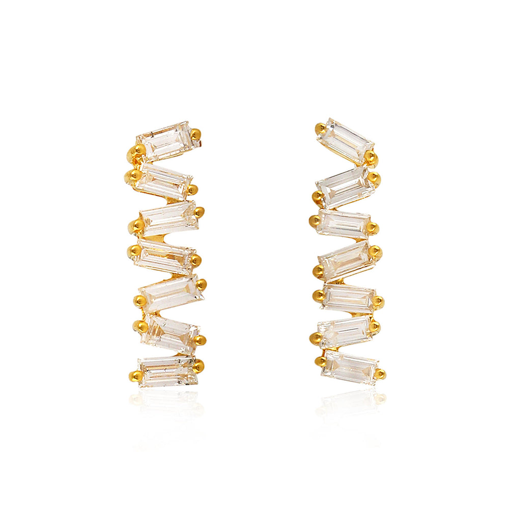 Baguette Diamond Zig Zag Long Stud Earrings 18k Yellow Gold Handmade Jewelry