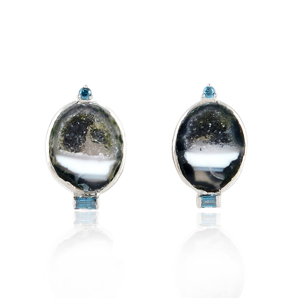 Blue Diamond Geode Handmade Stud Earrings In 18k Rose Gold