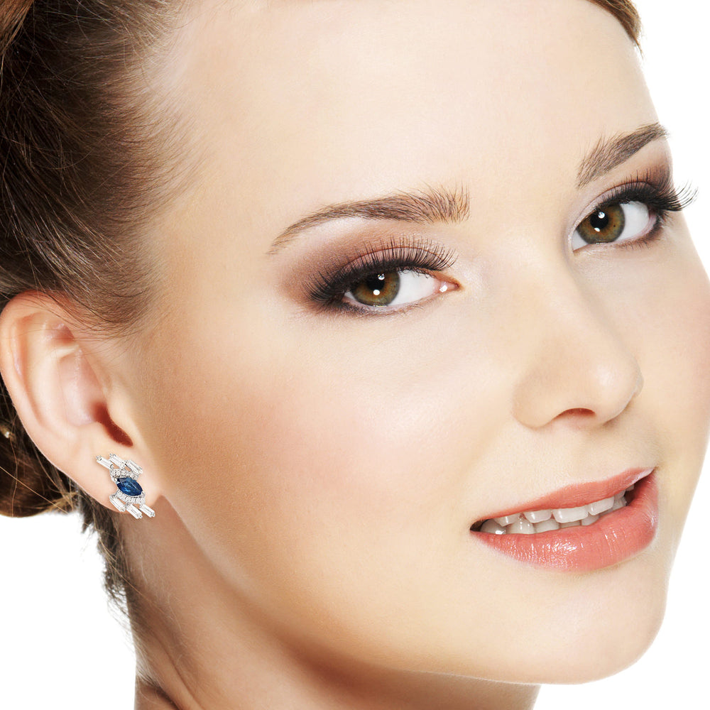 Blue Sapphire Baguette Diamond Designer Stud Earrings In 18k White Gold